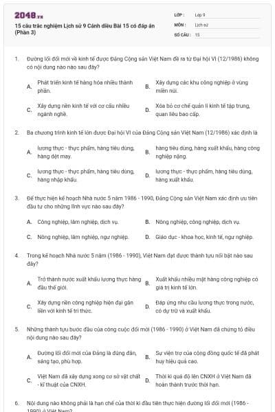 15 câu trắc nghiệm Lịch sử 9 Cánh diều Bài 15 có đáp án (Phần 3)