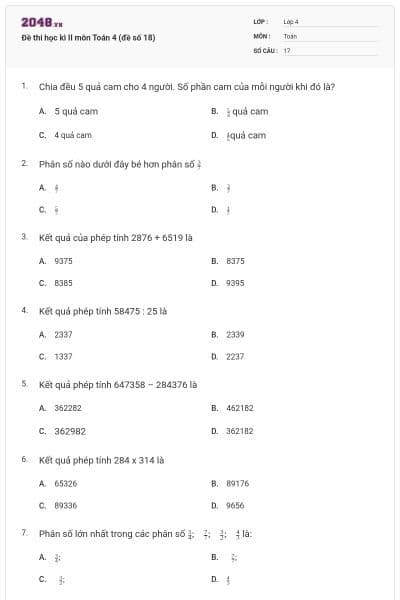 Đề thi học kì II môn Toán 4 (đề số 18)