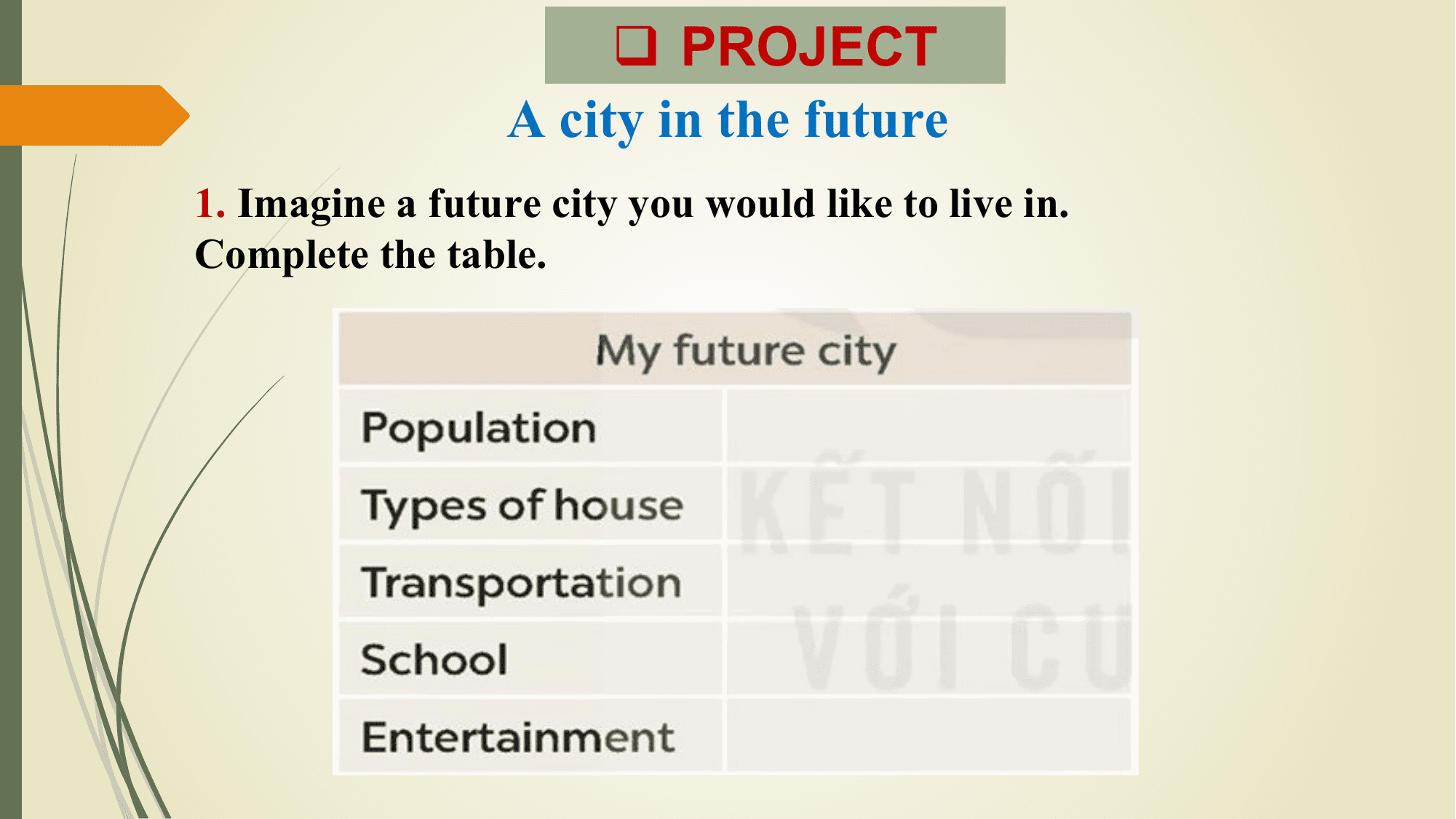 q PROJECT
 A city in the future
1. Imagine a future city you would like to live in.
Complete the table.