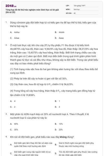 Tổng hợp đề thi thử trắc nghiệm môn Sinh Học có lời giải (Đề số 20)