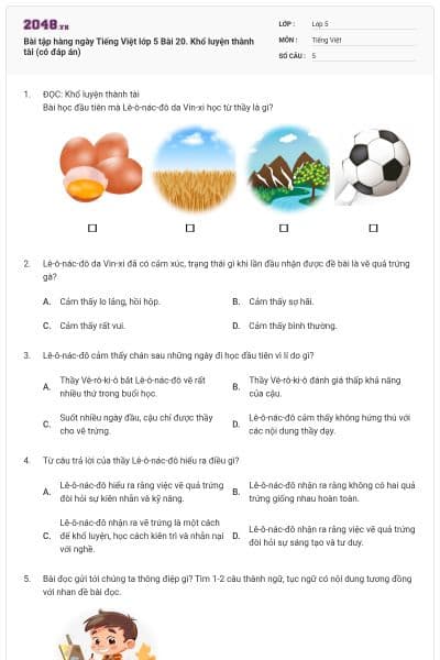 Bài tập hàng ngày Tiếng Việt lớp 5 Bài 20. Khổ luyện thành tài (có đáp án)