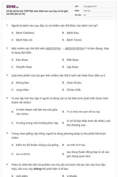 25 Bộ đề thi thử THPTQG môn Sinh hoc cực hay có lời giải chi tiết (Đề số 24)