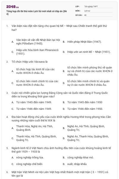 Tổng hợp đề thi thử môn Lịch Sử mới nhất có đáp án (Đề 4)