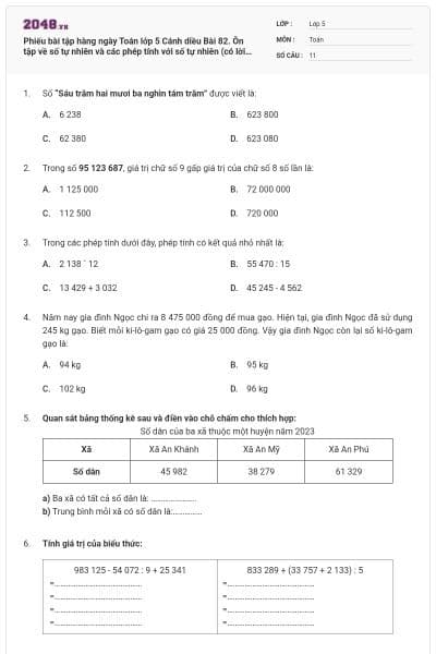 Phiếu bài tập hàng ngày Toán lớp 5 Cánh diều Bài 82. Ôn tập về số tự nhiên và các phép tính với số tự nhiên (có lời giải)