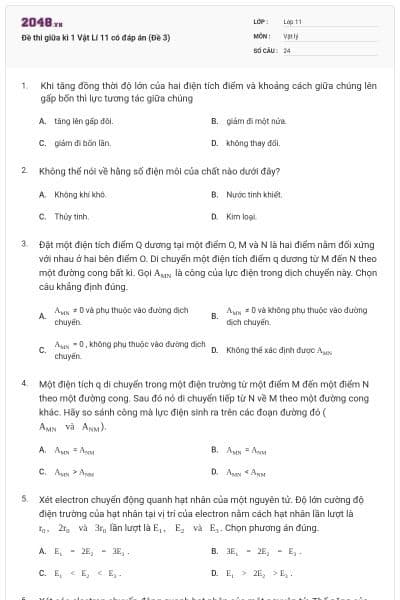 Đề thi giữa kì 1 Vật Lí 11 có đáp án (Đề 3)