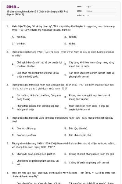 15 câu trắc nghiệm Lịch sử 9 Chân trời sáng tạo Bài 7 có đáp án (Phần 3)
