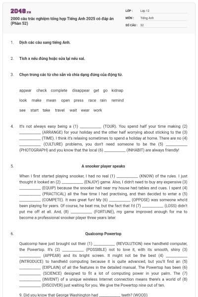 2000 câu trắc nghiệm tổng hợp Tiếng Anh 2025 có đáp án (Phần 52)