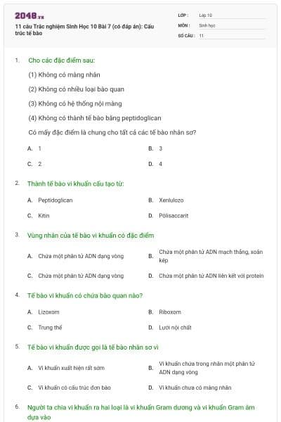 11 câu Trắc nghiệm Sinh Học 10 Bài 7 (có đáp án): Cấu trúc tế bào