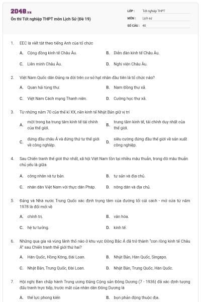 Ôn thi Tốt nghiệp THPT môn Lịch Sử (Đề 19)