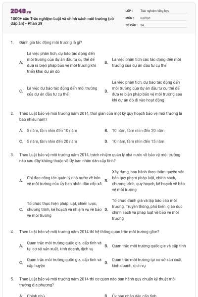 1000+ câu Trắc nghiệm Luật và chính sách môi trường (có đáp án) - Phần 39