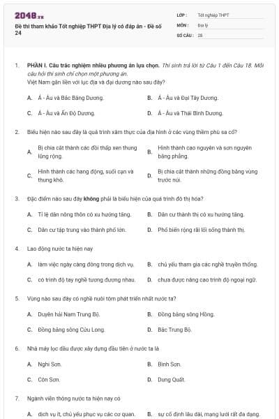 Đề thi tham khảo Tốt nghiệp THPT Địa lý có đáp án - Đề số 24