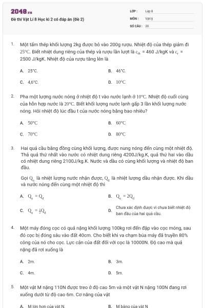 Đề thi Vật Lí 8 Học kì 2 có đáp án (Đề 2)