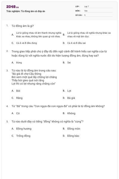 Trắc nghiệm: Từ đồng âm có đáp án