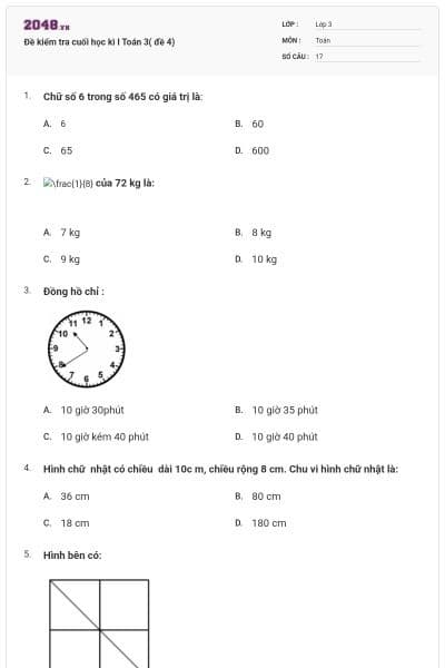 Đề kiểm tra cuối học kì I Toán 3( đề 4)