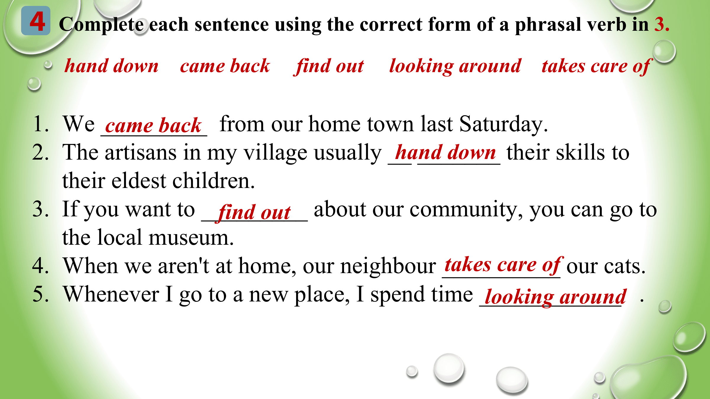 4 Complete each sentence using the correct form of a phrasal verb in 3.
 hand down came back find out looking around takes care of

1. We _________
 came back from our home town last Saturday.
2. The artisans in my village usually __ _______
 hand down their skills to
 their eldest children.
3. If you want to _________
 find out about our community, you can go to
 the local museum.
4. When we aren't at home, our neighbour __________
 takes care of our cats.
5. Whenever I go to a new place, I spend time ____________
 looking around .