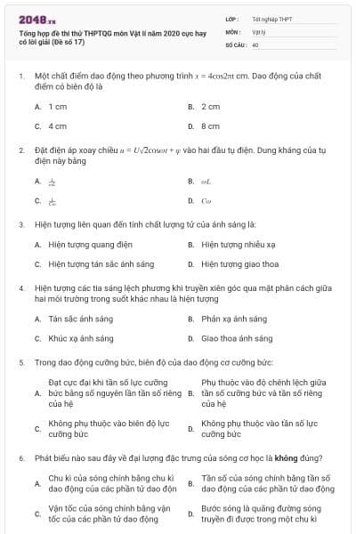 Tổng hợp đề thi thử THPTQG môn Vật lí năm 2020 cực hay có lời giải (Đề số 17)