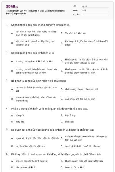 Trắc nghiệm Vật lý 11 chương 7 Mắt. Các dụng cụ quang học có đáp án (P6)