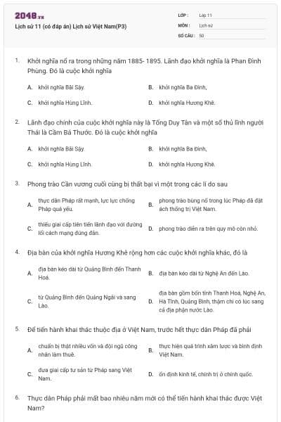 Lịch sử 11 (có đáp án) Lịch sử Việt Nam(P3)