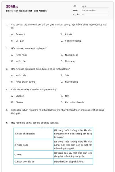 Bài 16: Hỗn hợp các chất - SBT KHTN 6