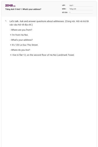 Tiếng Anh 5 Unit 1: What's your address?