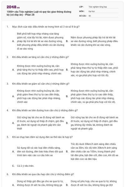 1000+ câu Trắc nghiệm Luật và quy tắc giao thông đường bộ (có đáp án) - Phần 28
