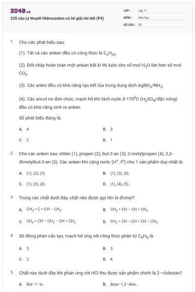 225 câu Lý thuyết Hidrocacbon có lời giải chi tiết (P4)