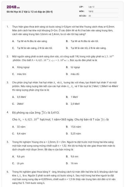 Đề thi Học kì 2 Vật Lí 12 có đáp án (Đề 4)