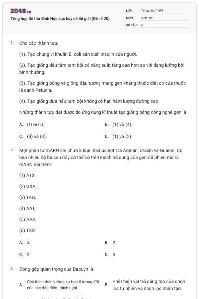 Tổng hợp thi thử Sinh Học cực hay có lời giải (Đề số 20)