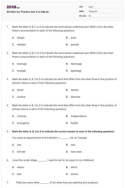 Đề kiểm tra: Practice test 3 có đáp án