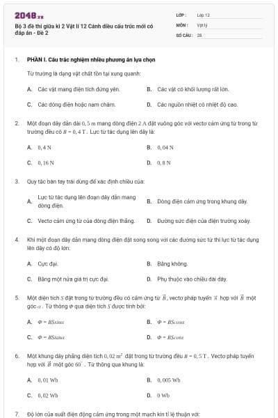 Bộ 3 đề thi giữa kì 2 Vật lí 12 Cánh diều cấu trúc mới có đáp án - Đề 2