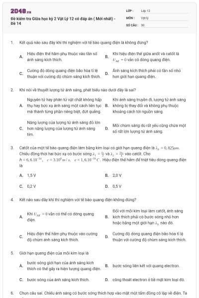 Đề kiểm tra Giữa học kỳ 2 Vật Lý 12 có đáp án ( Mới nhất) - Đề 14