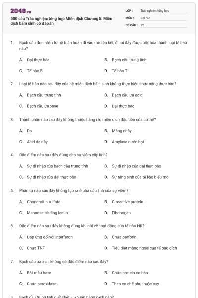 500 câu Trắc nghiệm tổng hợp Miễn dịch Chương 5: Miễn dịch bẩm sinh có đáp án