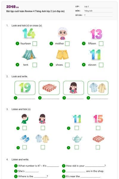 Bài tập cuối tuần Review 4 Tiếng Anh lớp 2 (có đáp án)