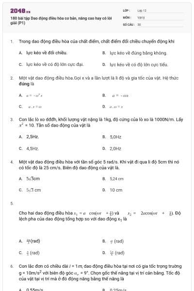 180 bài tập Dao động điều hòa cơ bản, nâng cao hay có lời giải (P1)