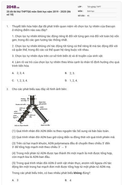 20 đề thi thử THPTQG môn Sinh học năm 2019 - 2020 (Đề số 18)