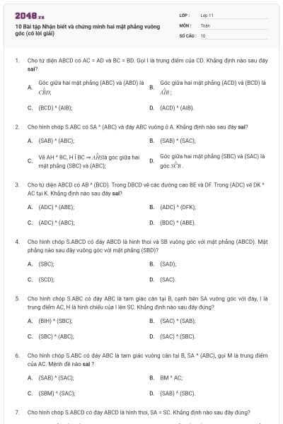 10 Bài tập Nhận biết và chứng minh hai mặt phẳng vuông góc (có lời giải)