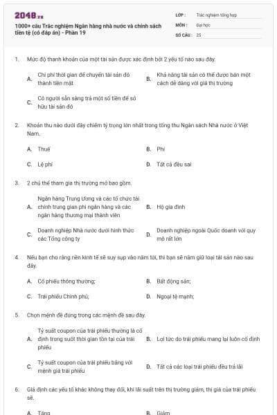 1000+ câu Trắc nghiệm Ngân hàng nhà nước và chính sách tiền tệ (có đáp án) - Phần 19
