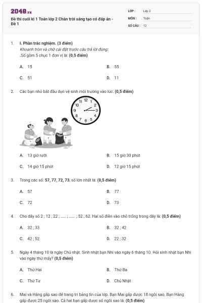 Đề thi cuối kì 1 Toán lớp 2 Chân trời sáng tạo có đáp án - Đề 1