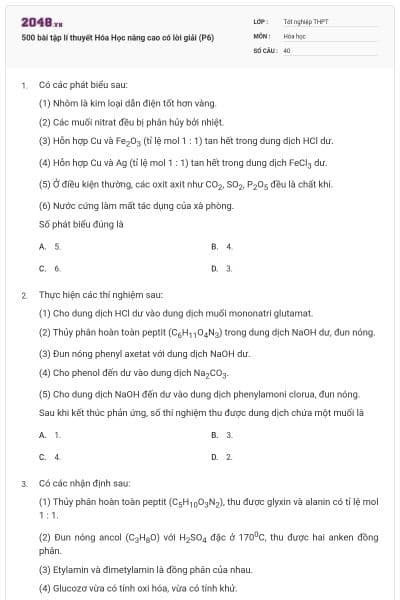 500 bài tập lí thuyết Hóa Học nâng cao có lời giải (P6)