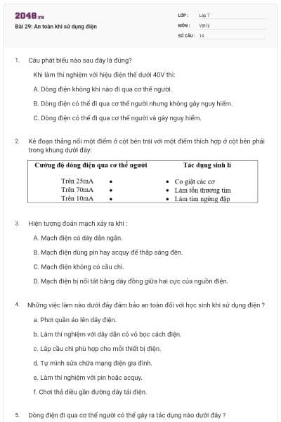 Bài 29: An toàn khi sử dụng điện