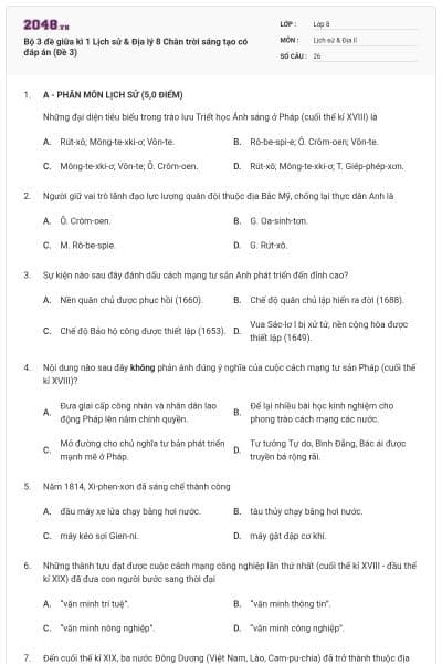 Bộ 3 đề giữa kì 1 Lịch sử & Địa lý 8 Chân trời sáng tạo có đáp án (Đề 3)