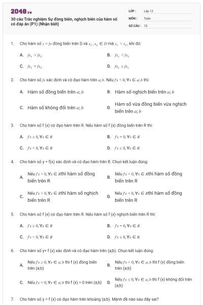 30 câu Trắc nghiệm Sự đồng biến, nghịch biến của hàm số có đáp án (P1) (Nhận biết)