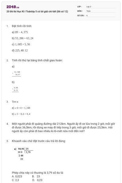 20 Đề thi Học Kì I Toánlớp 5 có lời giải chi tiết (Đề số 12)