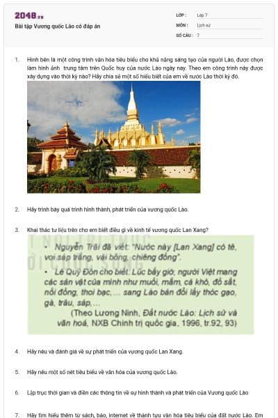 Bài tập Vương quốc Lào có đáp án