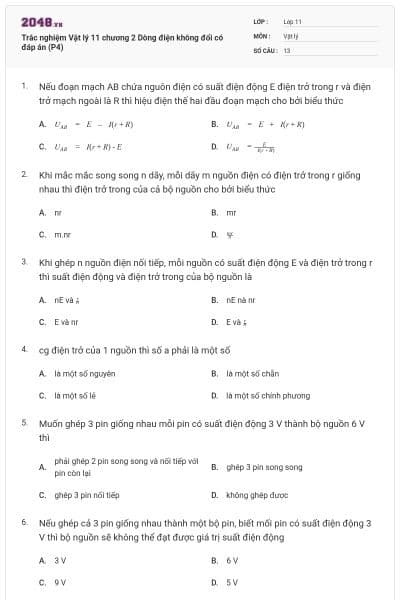 Trắc nghiệm Vật lý 11 chương 2 Dòng điện không đổi có đáp án (P4)