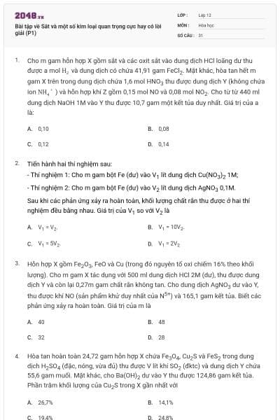 Bài tập về Sắt và một số kim loại quan trọng cực hay có lời giải (P1)