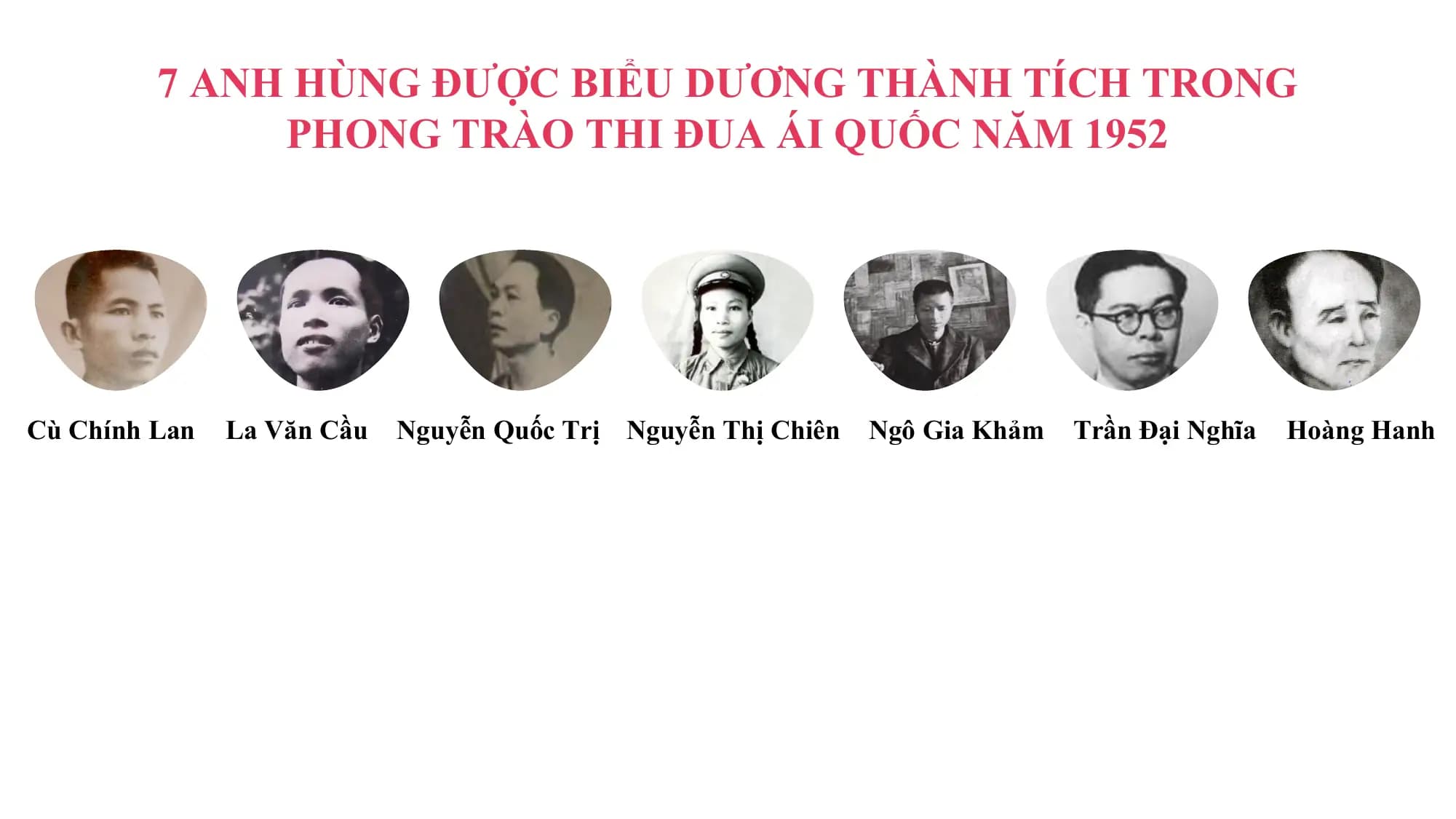 7 ANH HÙNG ĐƯỢC BIỂU DƯƠNG THÀNH TÍCH TRONG
 PHONG TRÀO THI ĐUA ÁI QUỐC NĂM 1952

Cù Chính Lan La Văn Cầu Nguyễn Quốc Trị Nguyễn Thị Chiên Ngô Gia Khảm Trần Đại Nghĩa Hoàng Hanh