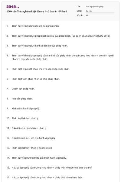 200+ câu Trắc nghiệm Luật dân sự 1 có đáp án - Phần 6