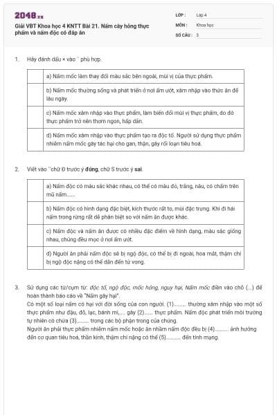 Giải VBT Khoa học 4 KNTT Bài 21. Nấm cây hỏng thực phẩm và nấm độc có đáp án