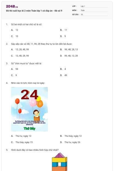 Đề thi cuối học kì 2 môn Toán lớp 1 có đáp án - Đề số 9